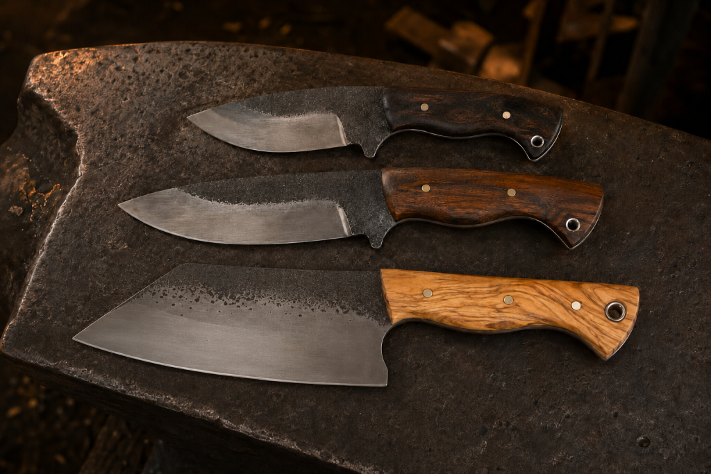 Three Rutherford Forge knife shapes displayed on a forge anvil: Hunter, EDC and braai kitchen cleaver.