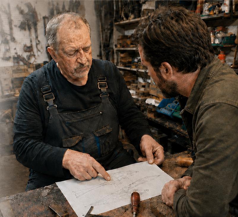 Two people reviewing a custom design drawing in the Rutherford Forge workshop.