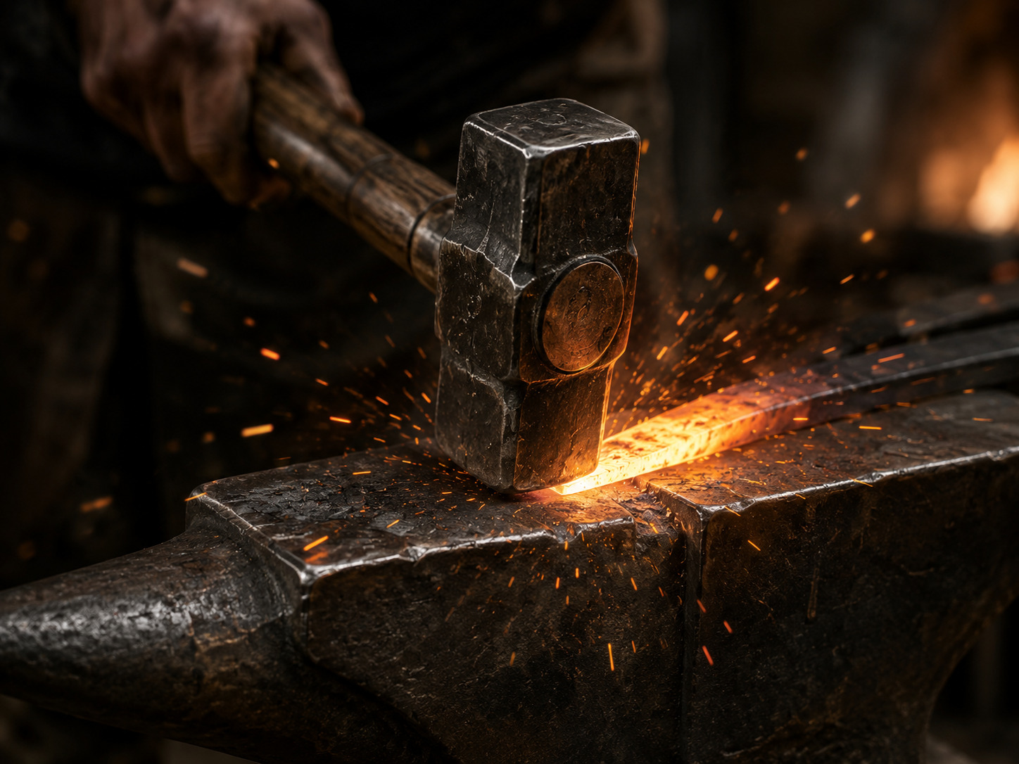 Blacksmith hammering glowing steel on an anvil