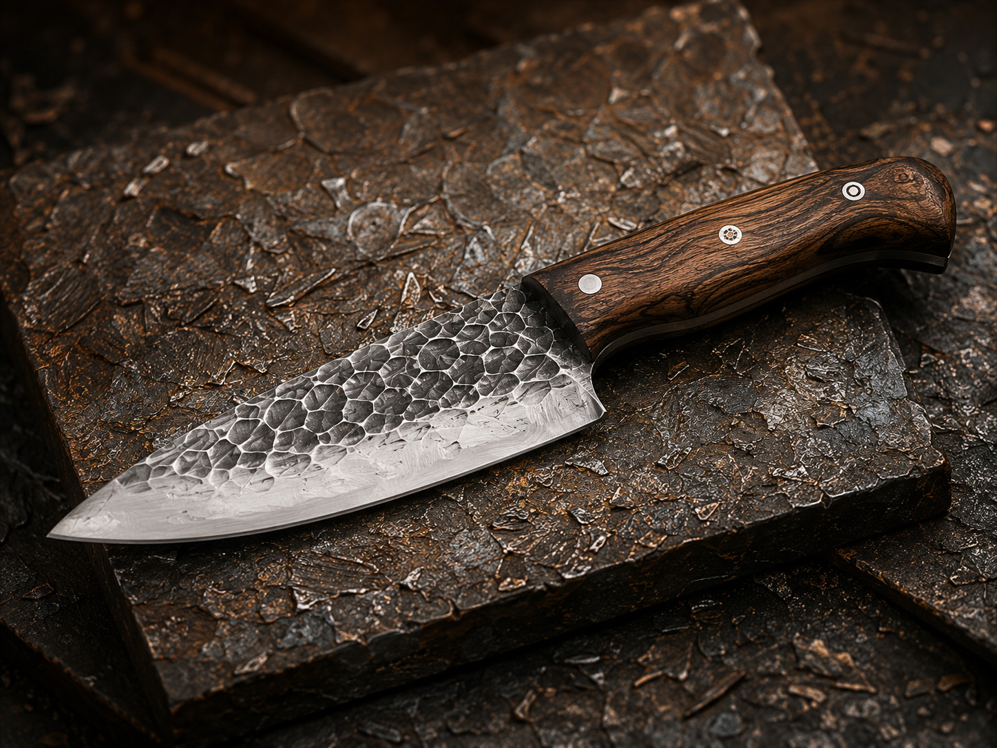 Handmade forged knife with a textured steel blade and wooden handle.