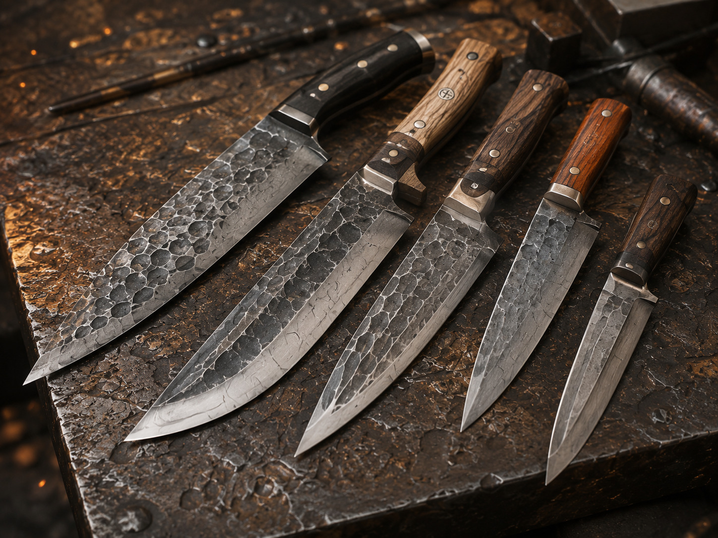 Selection of handmade Rutherford Forge knives displayed on a workbench