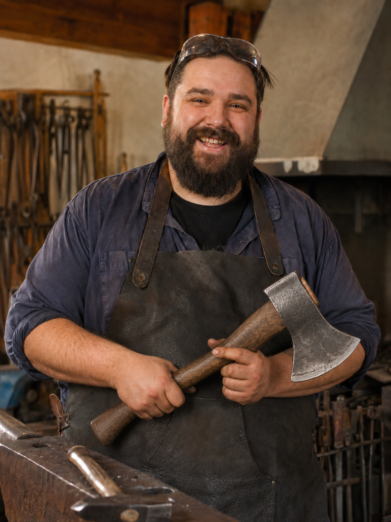 Fictional student holding a forged axe in a blacksmith workshop.