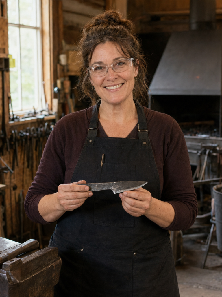 Fictional student holding a forged knife in a blacksmith workshop.