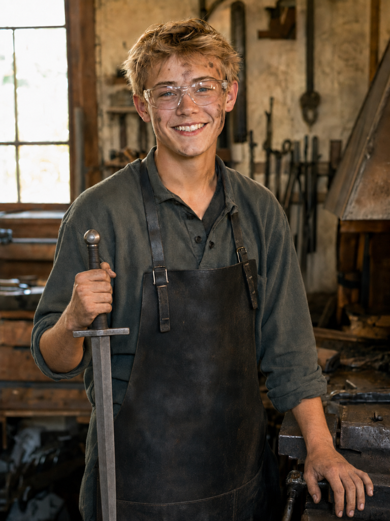 Fictional student holding a forged
sword in a blacksmith workshop.